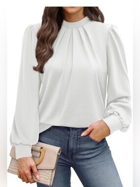 WIHOLL Long Sleeve Shirts for Women Mock Neck Tops Pleated Front Blouses Dressy